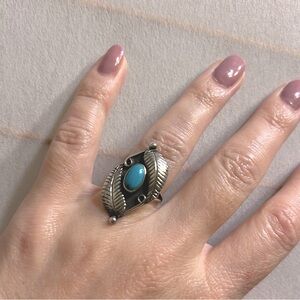 VINTAGE Feather & Turquoise Southwestern STERLING SILVER boho ring